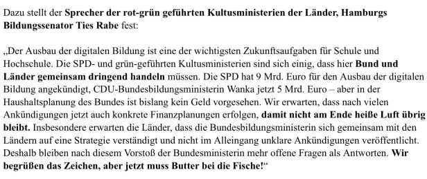 Presseerklärung von Ties Rabe (SPD) als Sprecher der rot-grünen Kultusminister